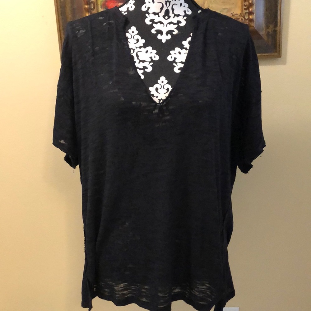 We The Free distressed reverse seams low V-neck semi-sheer short sleeve t-shirt